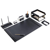 Black Leather 10pc Desk Set, Gold Accent